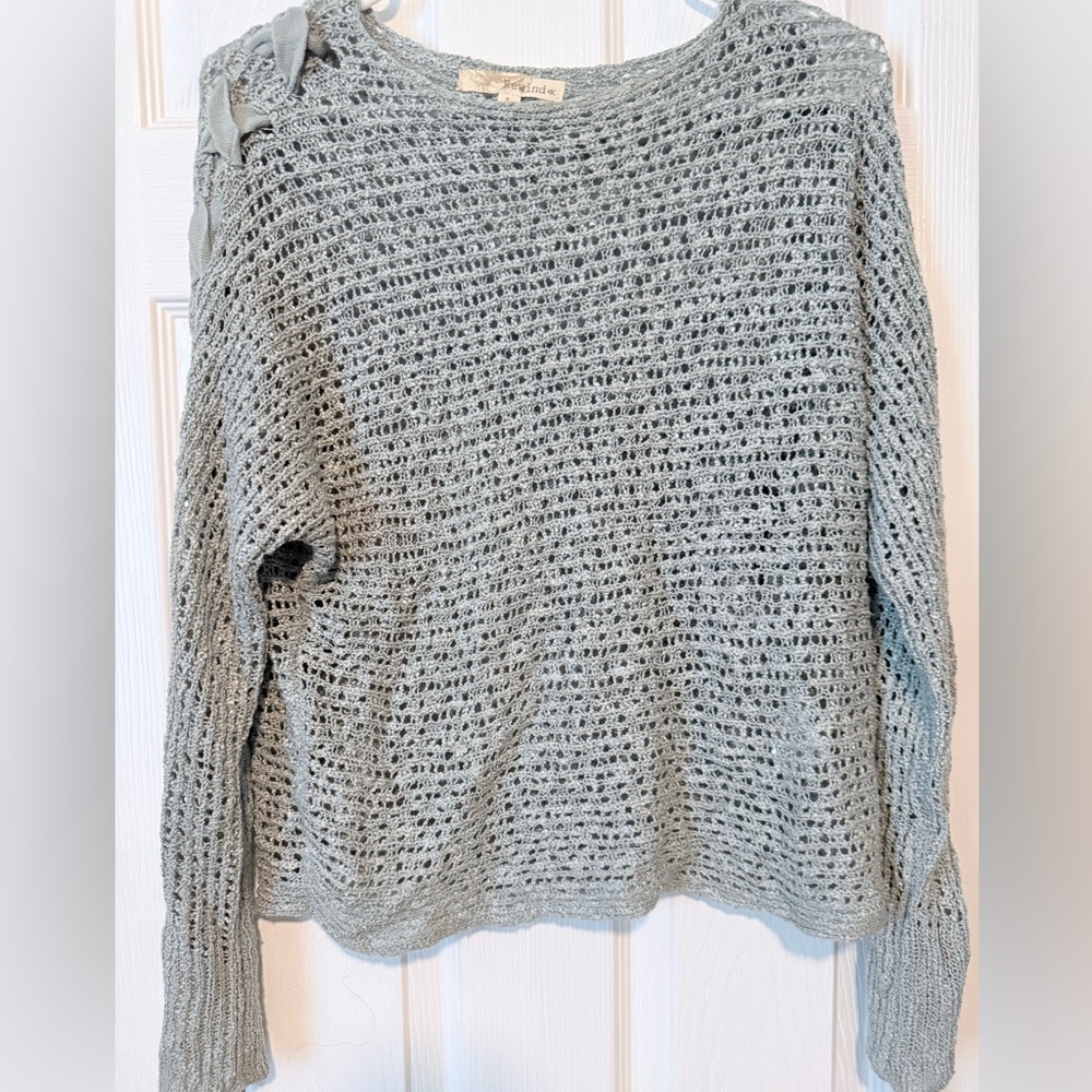 Rewind Women's Blue Open Knit Sweater Top Lace Tie Sleeve Details